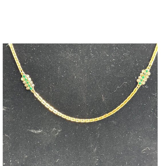 Vintage Hobé Gold Tone Box Link Necklace Emerald Green Rhinestone Accent 28" - Picture 2 of 8